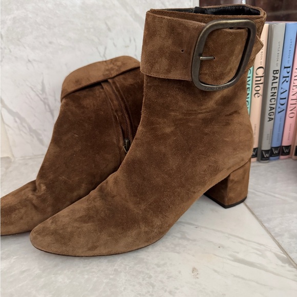 Yves Saint Laurent Suede Ankle Boots Brown Size 37 Side Zip & Engraved Buckle